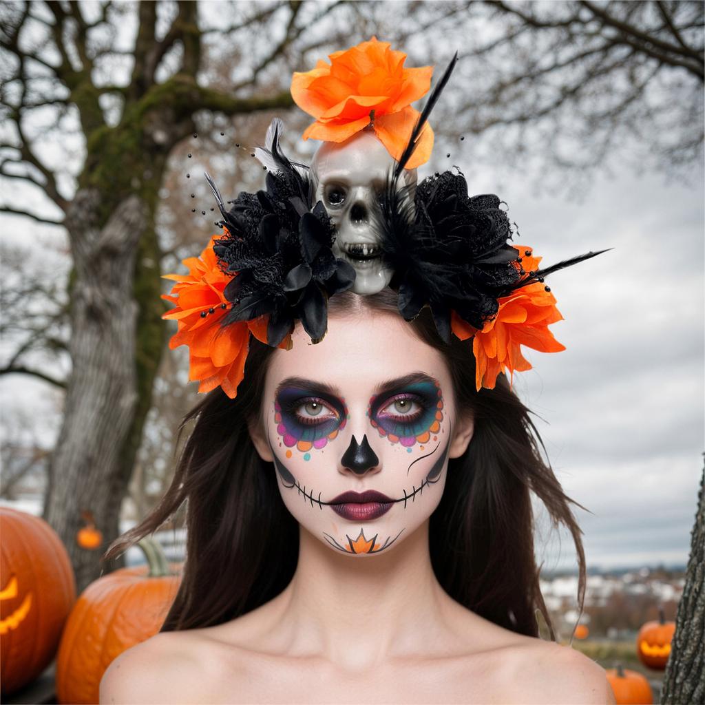 Halloween-Totenkopf-Haarspange mit dunkler Blume, Gothic-Kopfschmuck für Cosplay-Events und Mottopartys