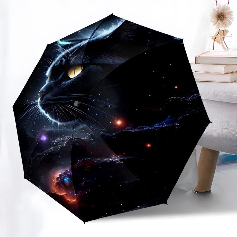 1 Stück Galaktische Katze Regenschirm für den Außenbereich - Automatisches Öffnen/Schließen, Tragbares 3-fach faltbares Design mit Eisenrahmen, Perfektes Geschenk für Fans und Reisende, Geeignet f