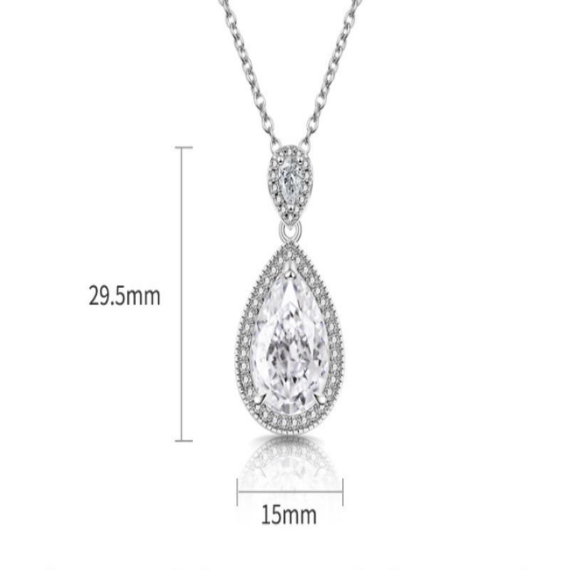 925 Sterling Silver Elegant Clear Ice Flower Cut Water Drop Shaped Crystal Zircon Necklace Birthday Anniversary Wedding Gift