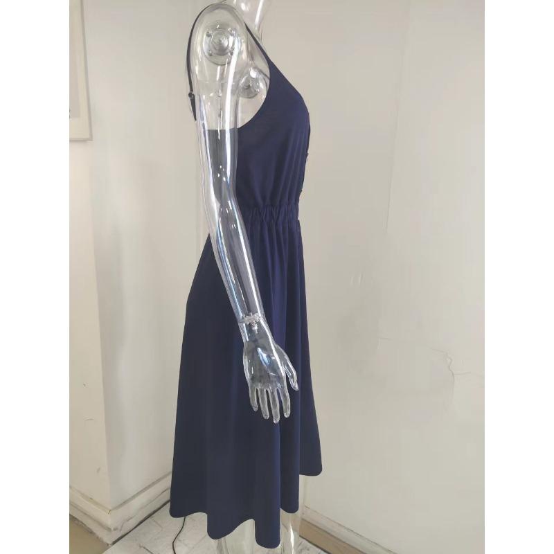 Summer Solid Colour Mid-length Dress Sexy Waist Halter Dress Plus Size Dresses  for Women