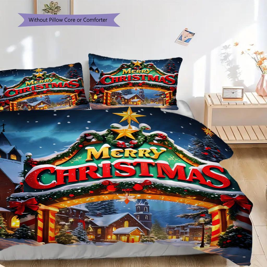 1PC Christmas Theme Pattern Bedding Quilt Set Quilt Cover Pillowcase Home Decoration Birthday Gift (1 * Duvet Cover + 2 * Pillowcase, Without Core)