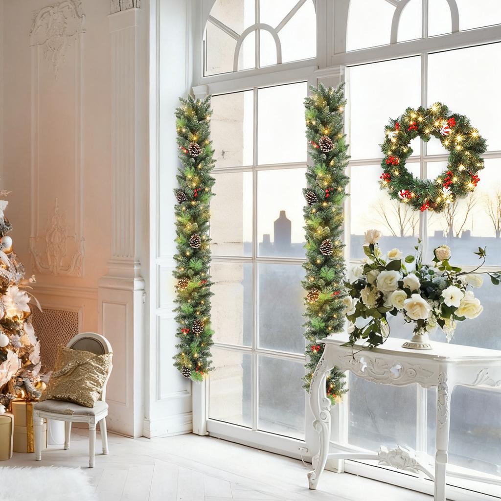 Christmas Garland 180 Cm with Snow-Covered Branches and 30 White Lights, Pine Cones and Berries for Indoors
