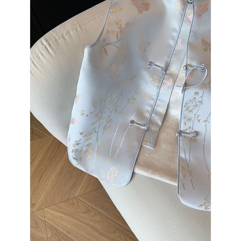 2025 spring new high-end sleeveless top jacquard satin stand-up collar buckle vest women