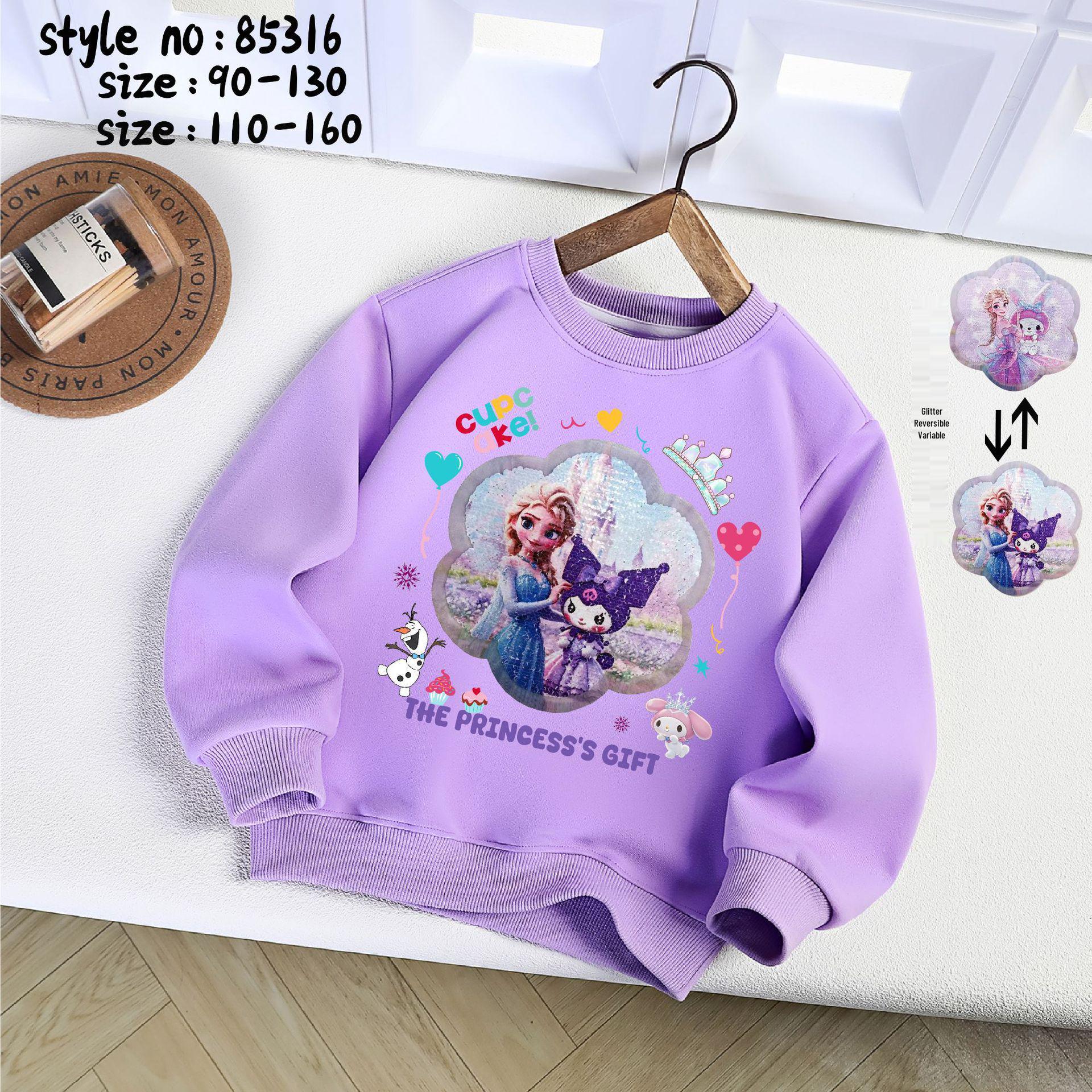 

2025 Толстовка для девочек-малышек с пайетками, меняющая цвет, пуловер Labubu на весну/осень с круглым вырезом 130cm фиолетовый