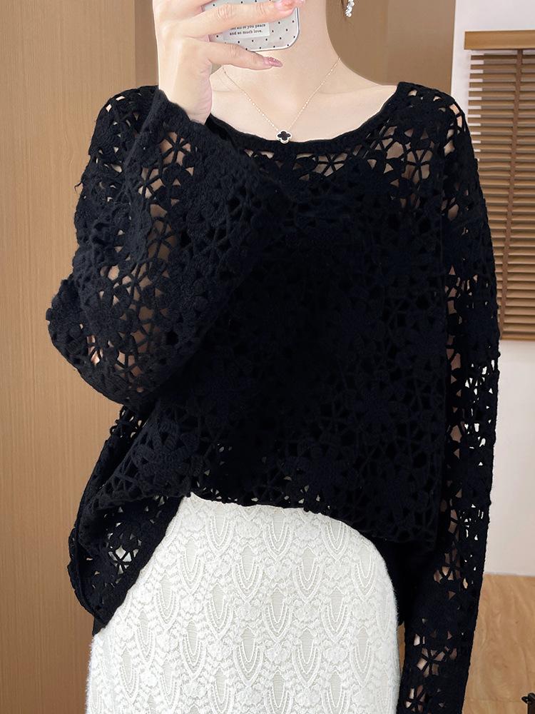 French Style Hollow Long Sleeve Cashmere Knit Sweater - Women's Autumn/Winter 2024 Collection Solid Color Top
