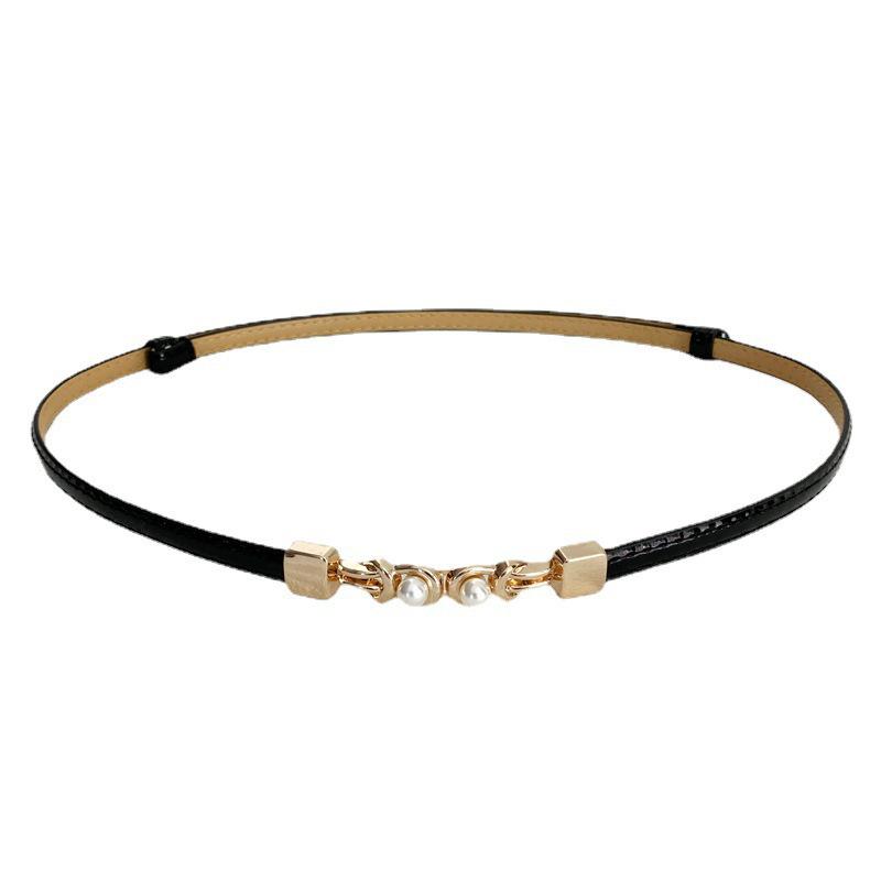 Black Mirrored Pearl-Embellished Adjustable Belt for Women's Suit Dress