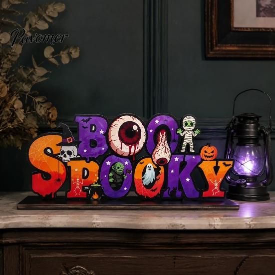 Halloween Room Tabletop Decor Pumpkin Haunted House Letter Ornament, Wooden Ornaments Spooky Festive Desk Decoration for Party Props Unique
