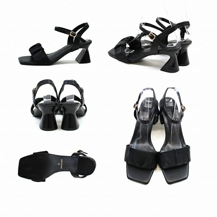 Vivian Organza Tulle Sheer Ankle Strap Sandals with 6cm Chunky Size S V64105SM Women's Heel, Black, (22.0-22.5cm),