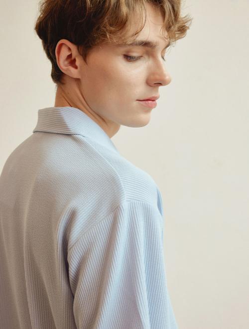 [LUNALUZ STUDIO] Men's Ange Span Ribbed Collar Short-Sleeve Two-Piece Pajama Set [Shipped from Korea] 100% Authentic