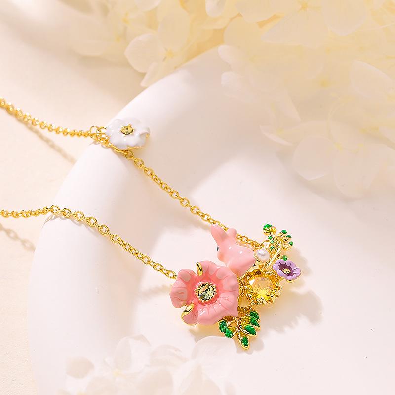 Korean version of sweet temperament light luxury handmade oil drop enamel glaze flower pendant collarbone chain women's senior sense snake bone chain