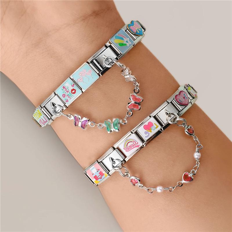 Flowers Moon Star Butterfly Heart Zircon Tassel Chain Italian Charm Links Fit 9mm Bracelet Stainless Steel DIY Jewelry Making