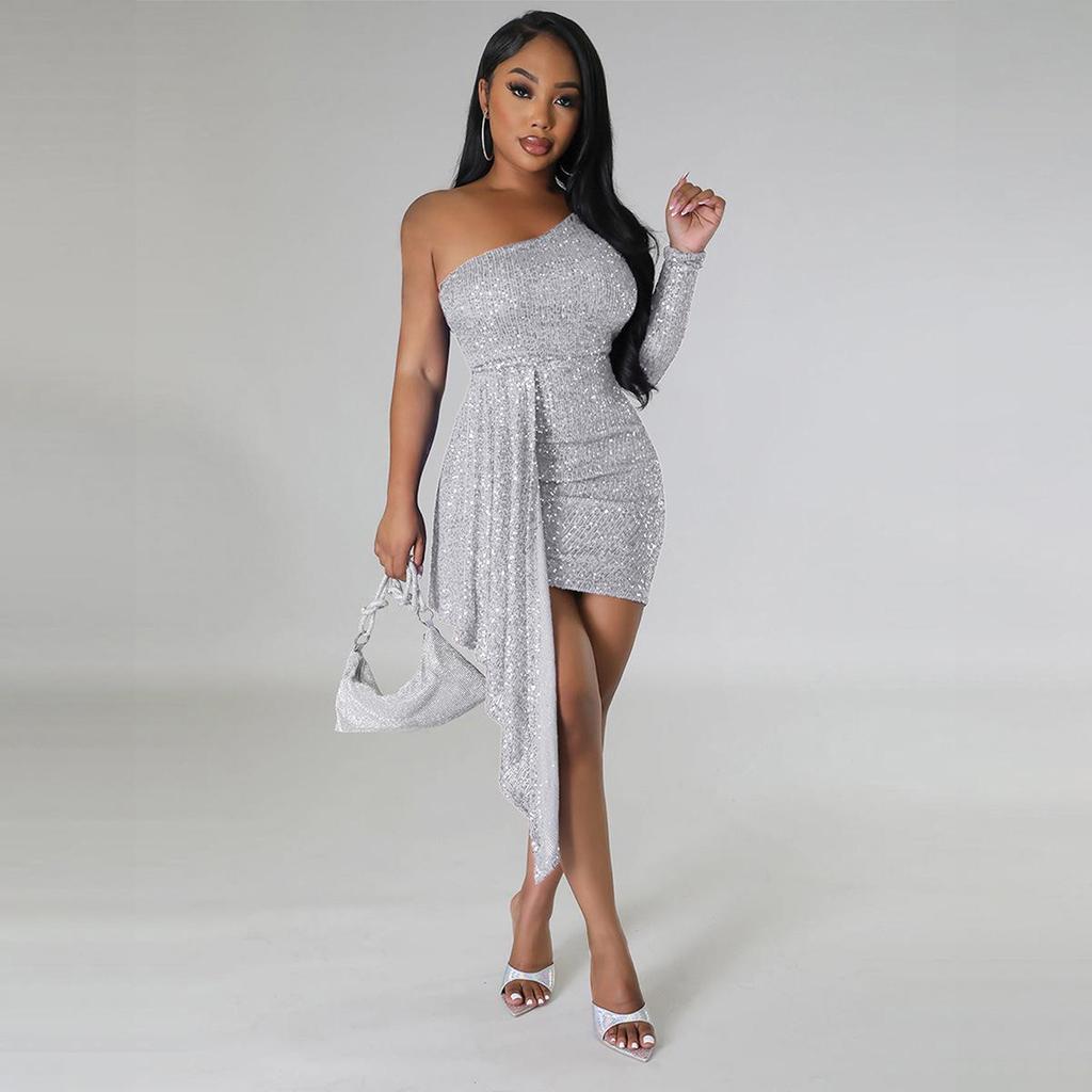One-Shoulder Long Sleeve Sequined Bodycon Party Dress for Women