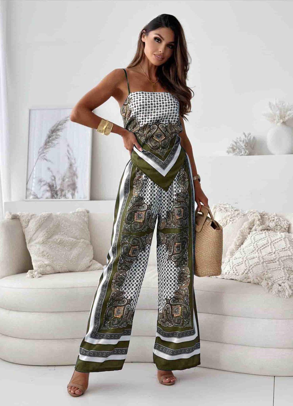 

2024 Women s Fashion Printed Camisole Bustier with Floral Pants Set Large зелёный