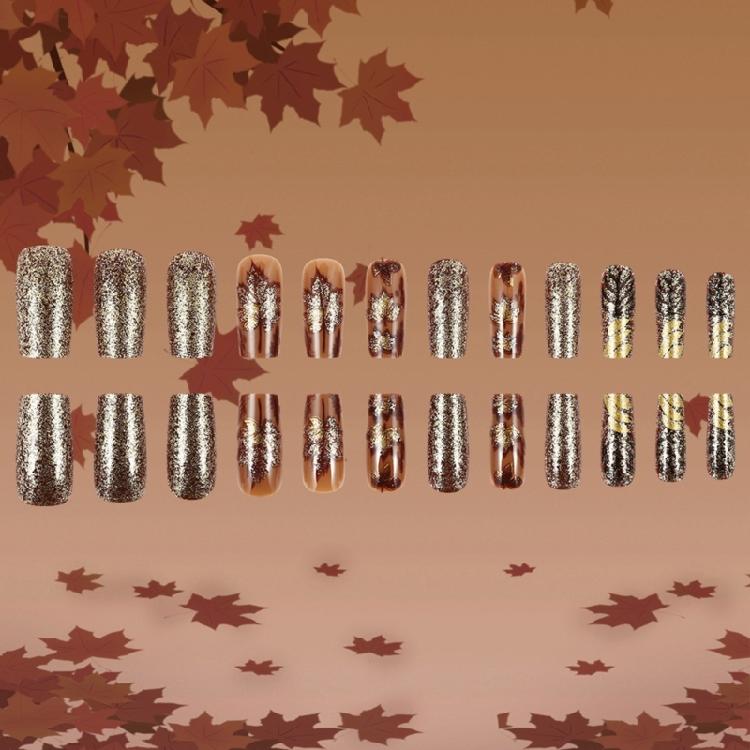 Lönnlöv Thanksgiving Press On Nagel Medium Fyrkantig Matt Nagelkonst Dekoration 24 st Lösnagel för Fest och Daglig Användning