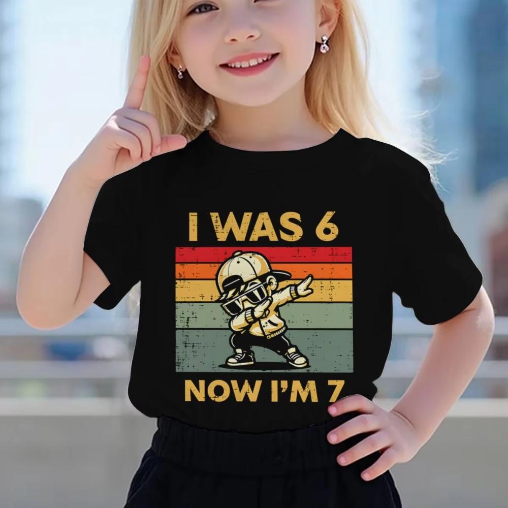 Kids Seven Year Old Cotton T-shirt Tops I Was 6 Now I'm 7 Birthday Funny 7th B-day Gift for Boy 67 Meme Birthday Cotton Tee
