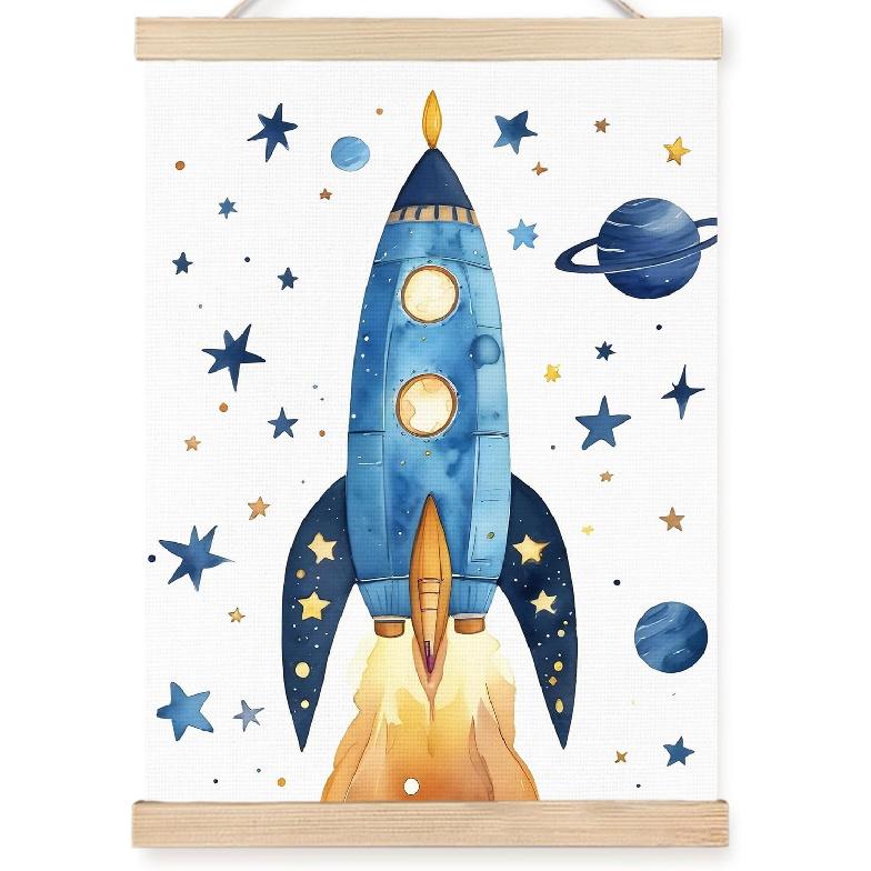 FDHSPAAM Space Rocket Kids Wall Art Decor, Space Nursery Decor, Fantasy Blue Spaceship Planet Star Wall Art Posters for Nursery Home Kids Boys Bule Space