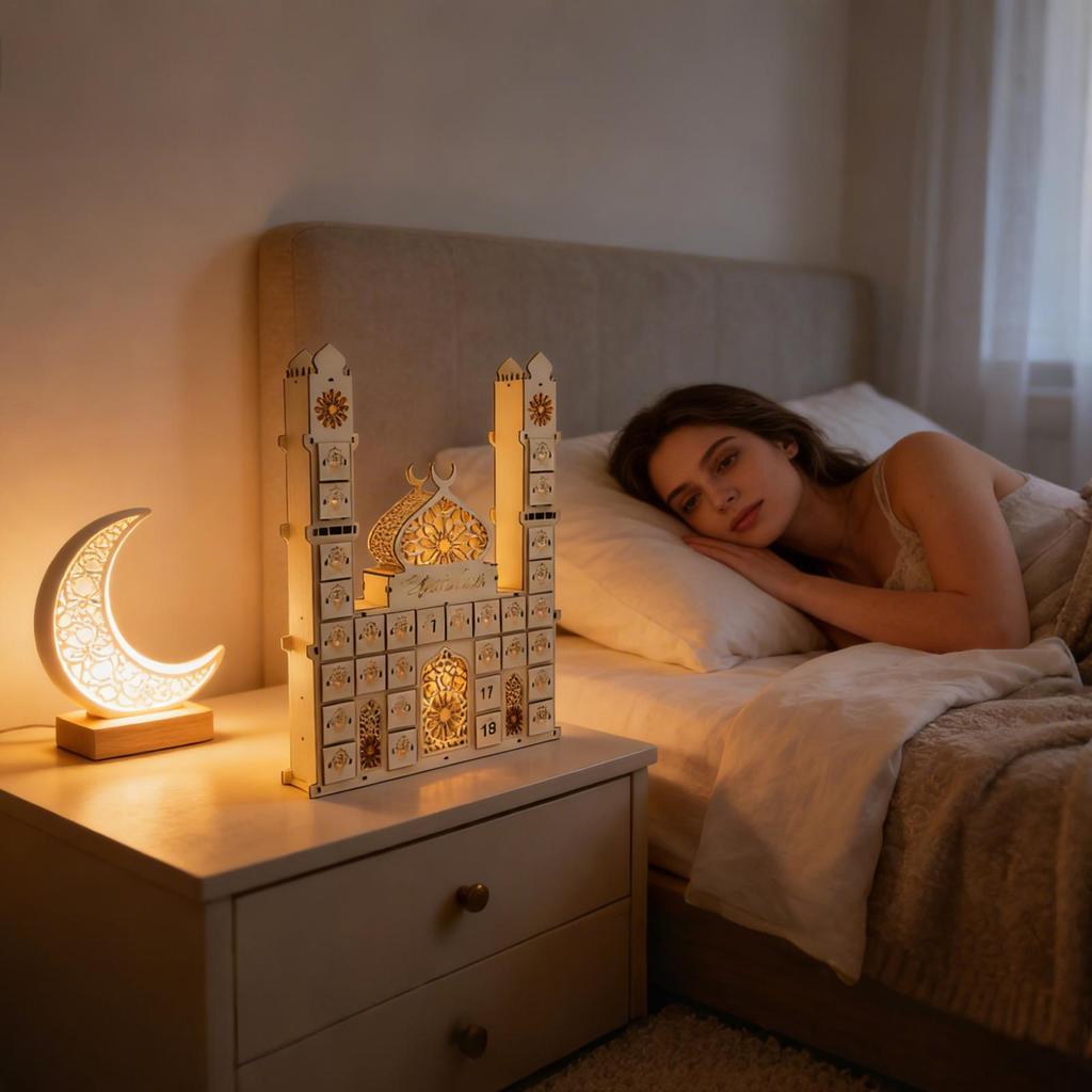 Home Holiday Countdown calendar Wooden Castle Shape Table Ornament wth Drawers 30 Days Fun Activity Calendar with Light