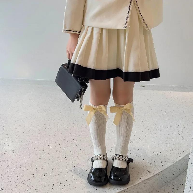 1 Pair Kids Girl Calf Sock Sweet Beige Coffee Color Jacaquard Sock for Children Princess Bow Style Knee High Sock for Toddler