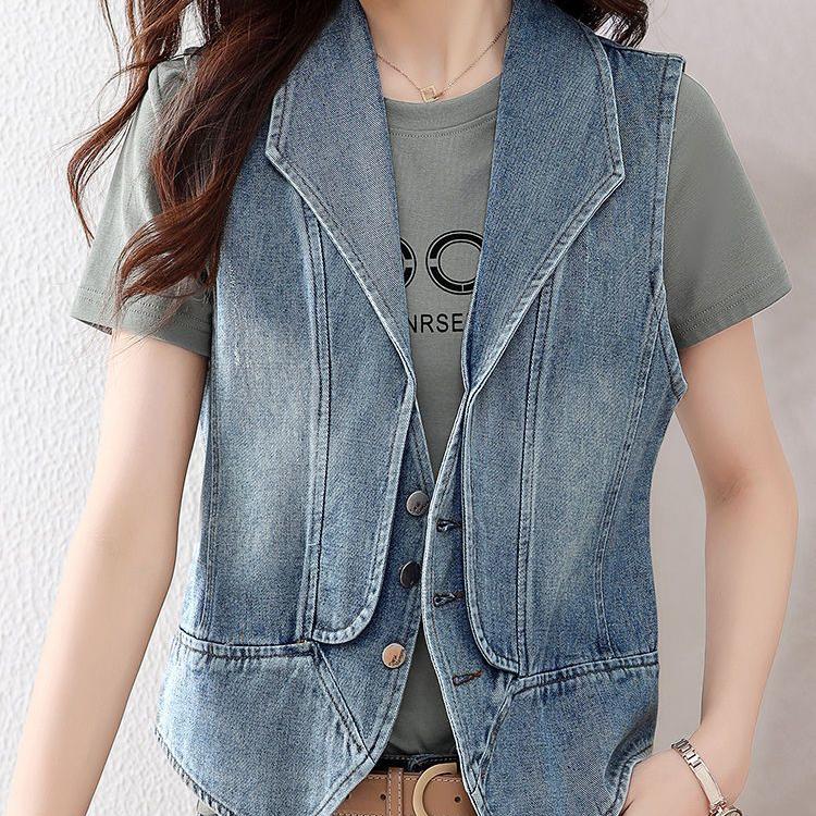 Vintage Denim Vest Women's Korean Fashionable Sleeveless Lapel Vest Casual Jacket