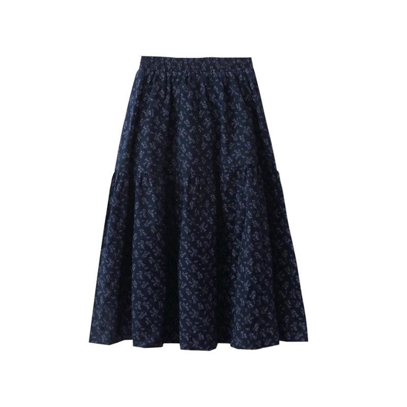 

Purple Floral Plush Midi A-line Skirt for Women - Autumn/Winter Mori Style with Elastic Waist. Navy Lined
