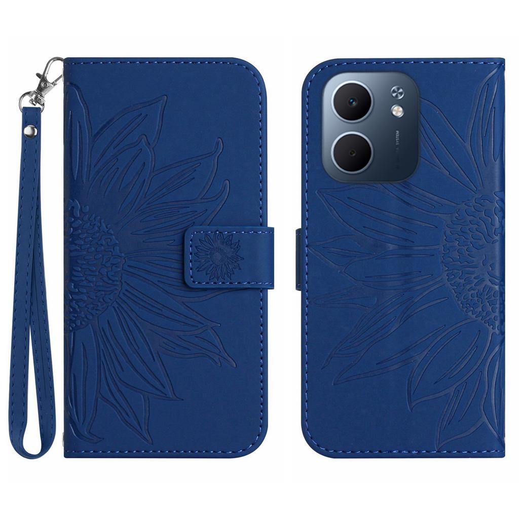 For Oppo A5x 5G/4G Case Sunflower Imprint Leather Wallet Phone Cover with Wrist Strap