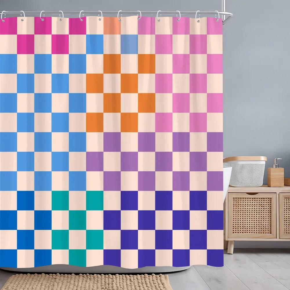 Abstract Geometric Line Square Graphic Shower Curtain Colourful Grid Polyester Fabric Shower Curtains Bathroom Decor with Hooks