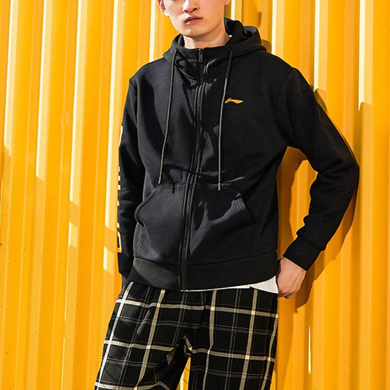 Li Ning Logo Print Zip Long Sleeve Hoodie Men Hoodies Black AWDPD23-17