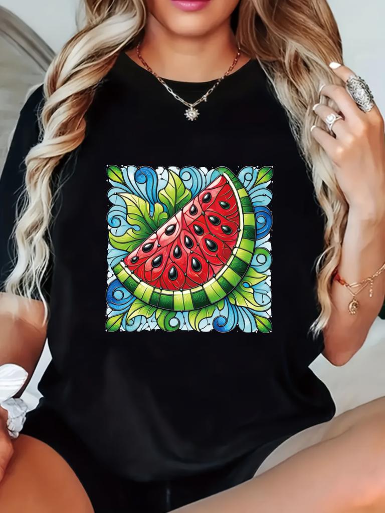 Women'S Casual Summer T-Shirt with Vibrant Watermelon Slice Print - Soft, Comfortable Round Neck Short Sleeve Top In