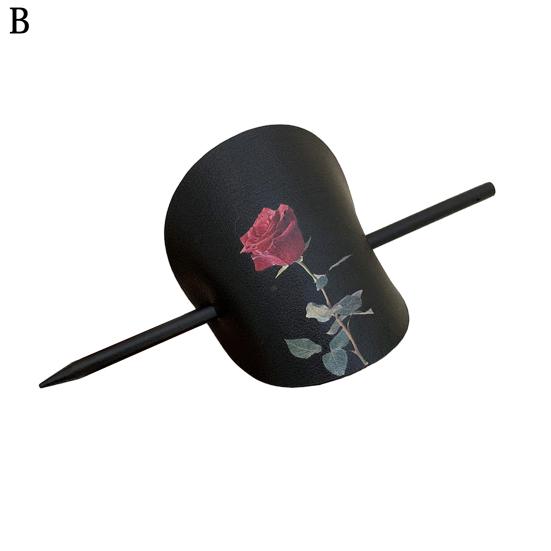 Chinese Style Hair Stick Rose Flower Printing Faux Leather Decor Hair Chopsticks DIY Hairstyle Accessory
