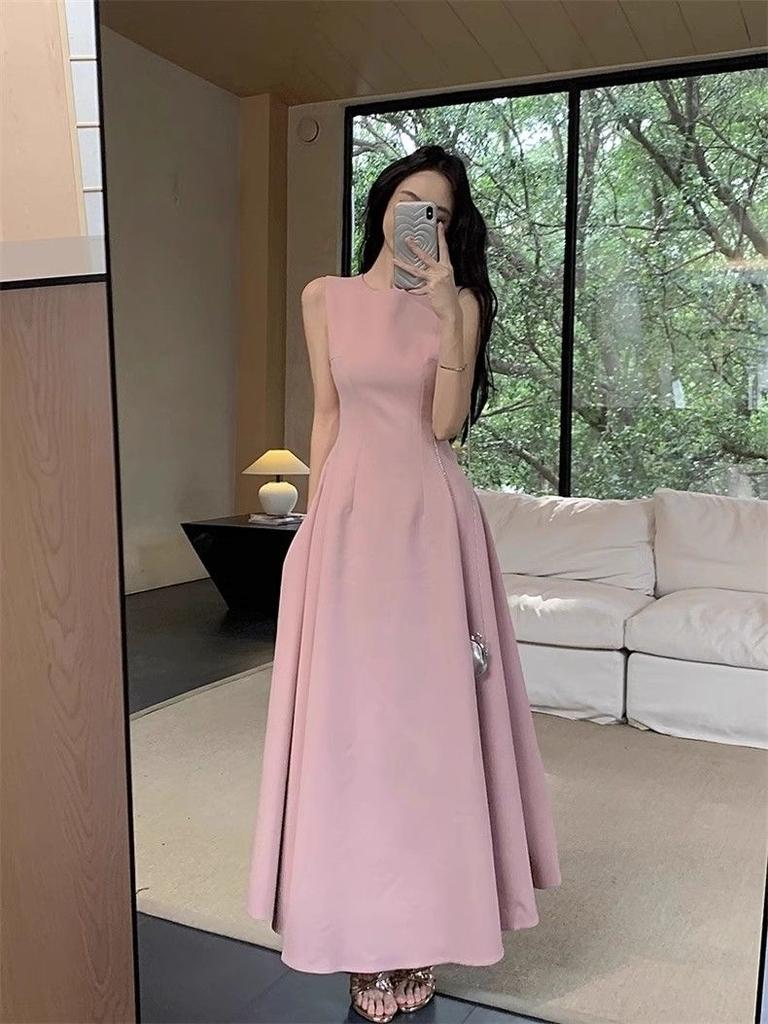 Solid color dress children's summer new French temperament high-end sleeveless vest waist thin dress