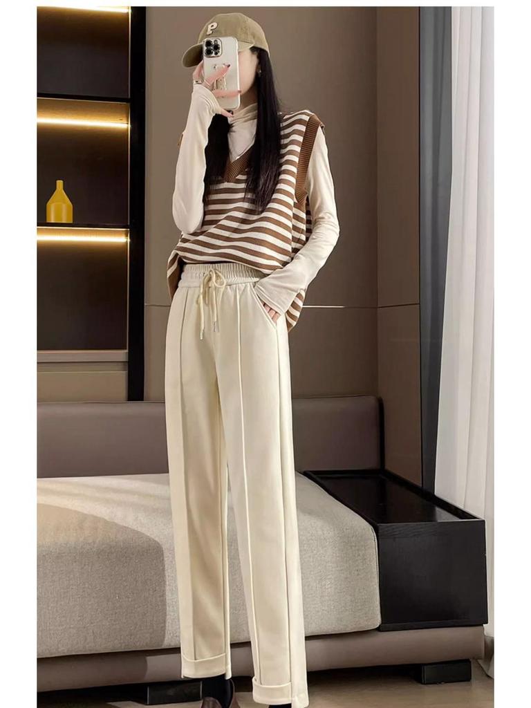 Woolen High-Waist Fleece-Lined Slimming Cigarette Pants, Autumn/Winter, Elastic Waist, Cropped Loose Fit
