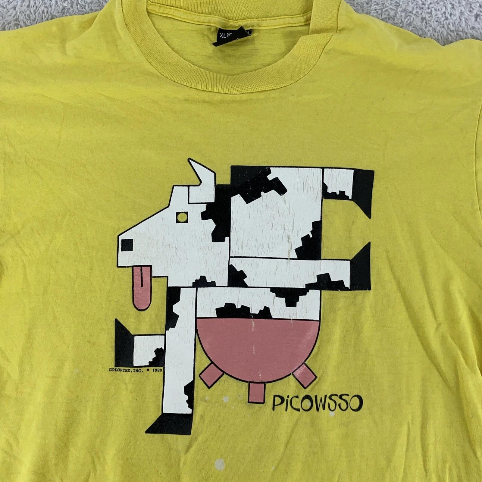 

Vintage 80s Picowsso Picasso Cow Art Shirt Mens M/L Pop Graphic Screen Stars 4XL