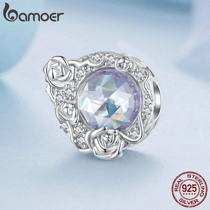 

BAMOER стерлингового серебра 925 пробы фиолетовый камень роза виноградная лоза бусина полые розы узор подвески для женщин оригинальный браслет 925 silver