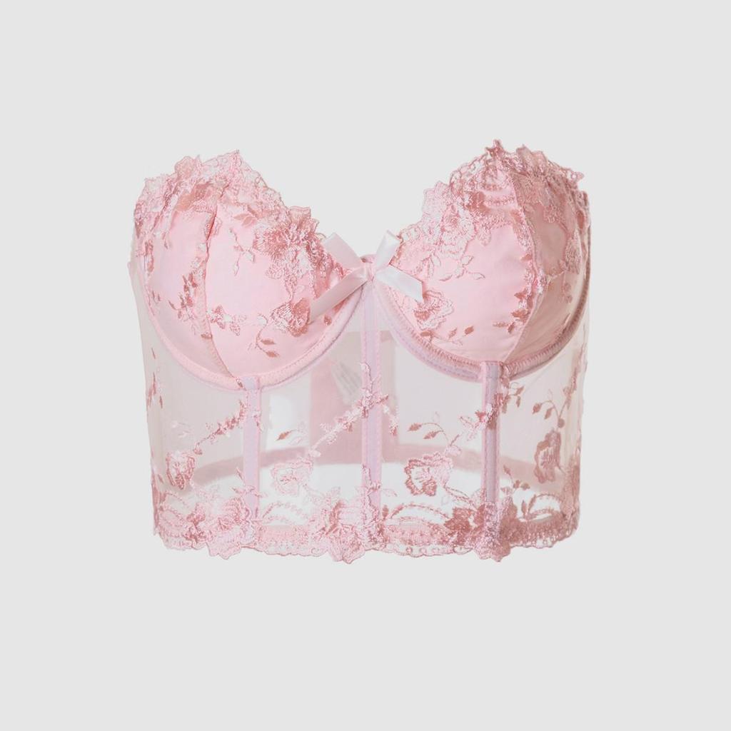 Pink Mesh Embroidered Corset Lingerie: Sexy Bandeau with Fishbone Detailing