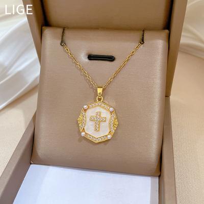 Perlenkreuz Leichter Luxus Temperament Wunderschöne Voll-Diamant-Halskette Damen Vielseitige Schlüsselbein-Kette Titanstahl-Kette