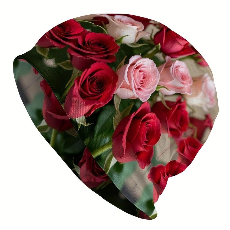 1pc Bohemian Floral Knit Hat with Pink White Red Rose pattern - Lightweight Stretchable Wreath for Christmas Wedding Party, Outdoor Spring Summer Fest