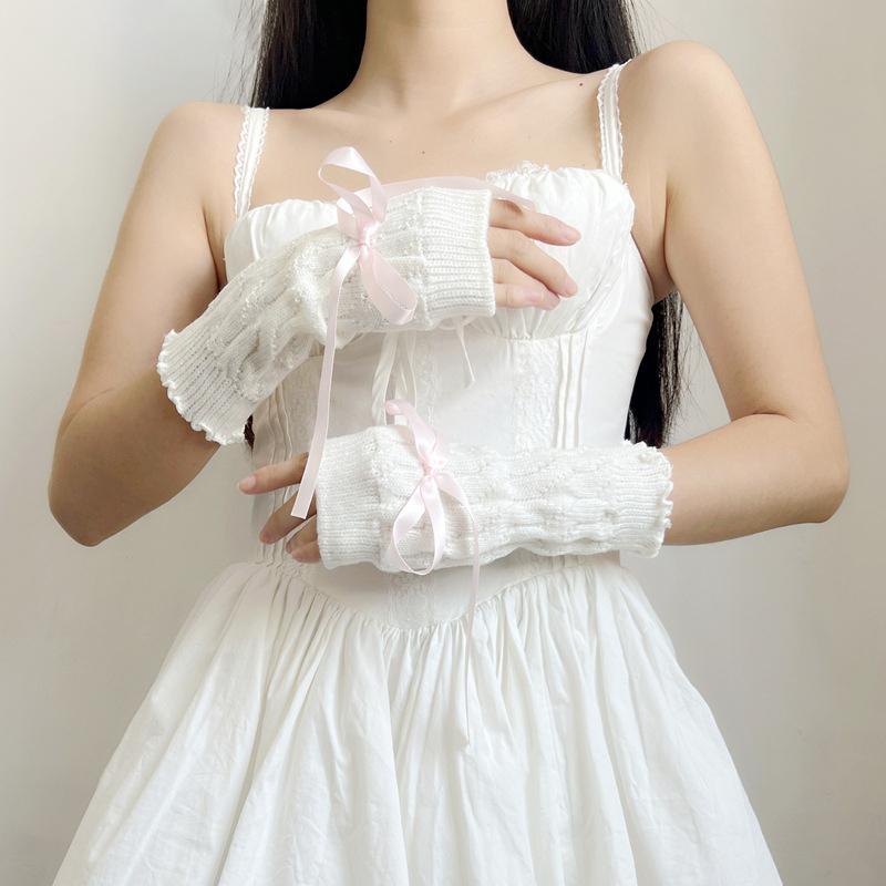 Lovely Knitted Bowknot Half Finger Gloves Sweet Girl Arm Sleeves Hand Warm Elastic Decorated Handcuffs Party Accessories