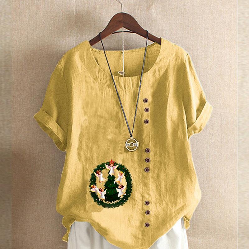 Women's Fashion Round Neck Short Sleeve T-shirt Casual Cotton Linen Graphic Shirt Leisure Loose Christmas Elves Prined Summer Blouse Tops