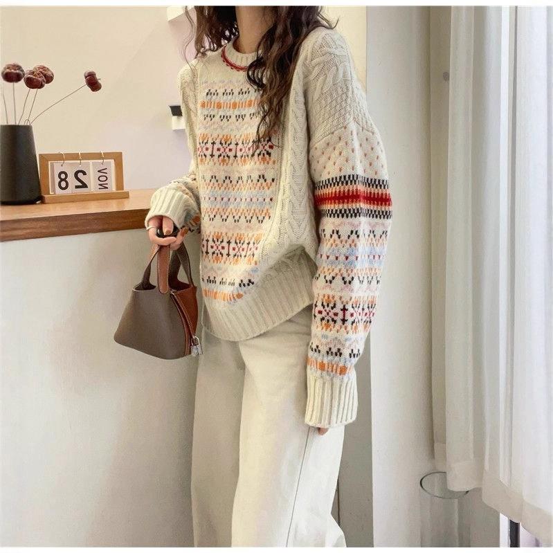 Vintage Crew Neck Knitted Pullover Sweater Women's Autumn and Winter New Loose Casual Fair Island Knitted Sweater Women's