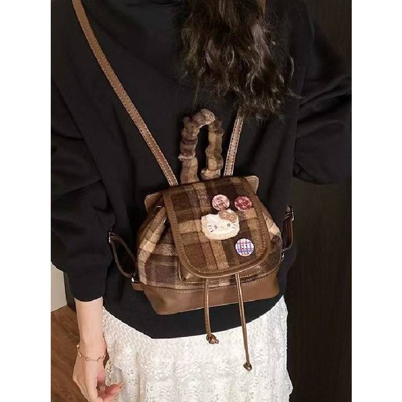 Hello Kitty Pu Backpack With Vintage Plaid Pattern For Commuting And Casual Outings
