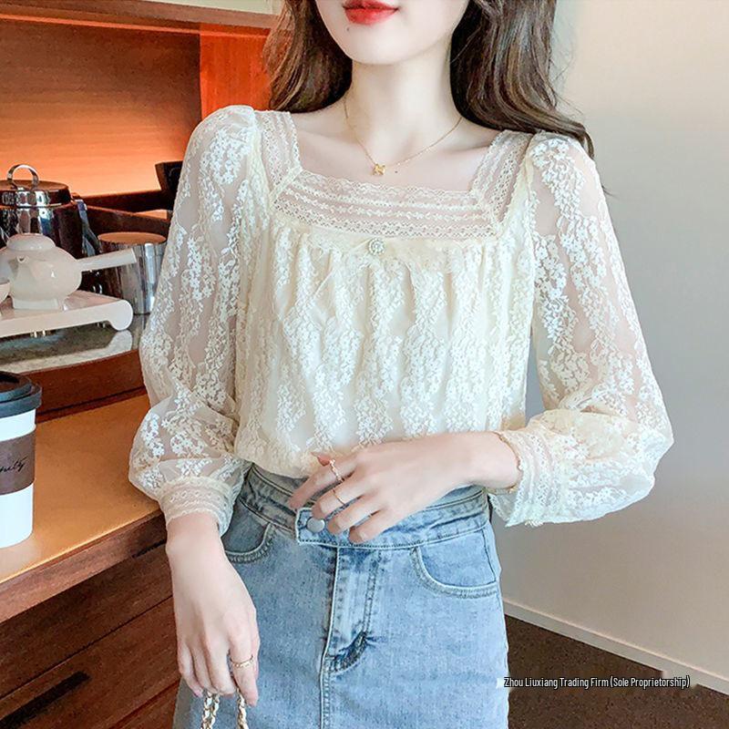 2024 Trendy Chic Women's Square Neck Chiffon Lace Top - Early Spring Style