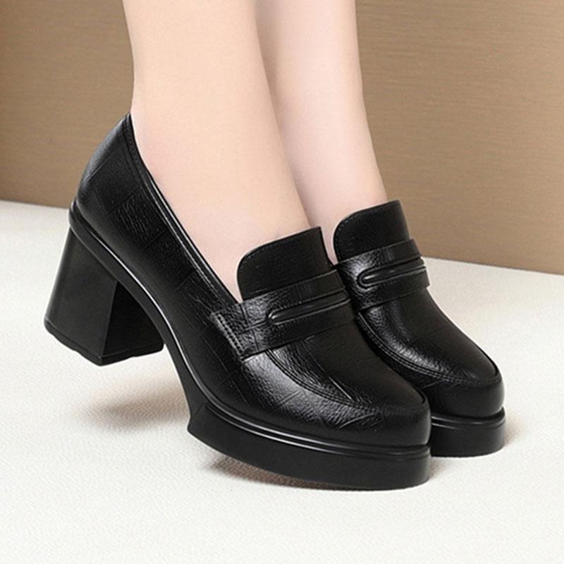 Retro High Heel Mary Jane Single Shoes Women's Deep Mouth Thick Heel Loafers British Thick Sole Mother's Leather Shoes Elegant