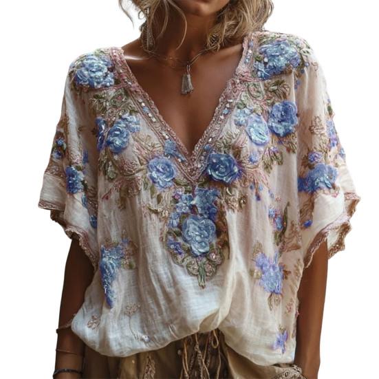 V-Neck Short Sleeve T-Shirt Imitation Flower Decor Pearl 3D Tee Tops Casual Date Vacation Beachwear