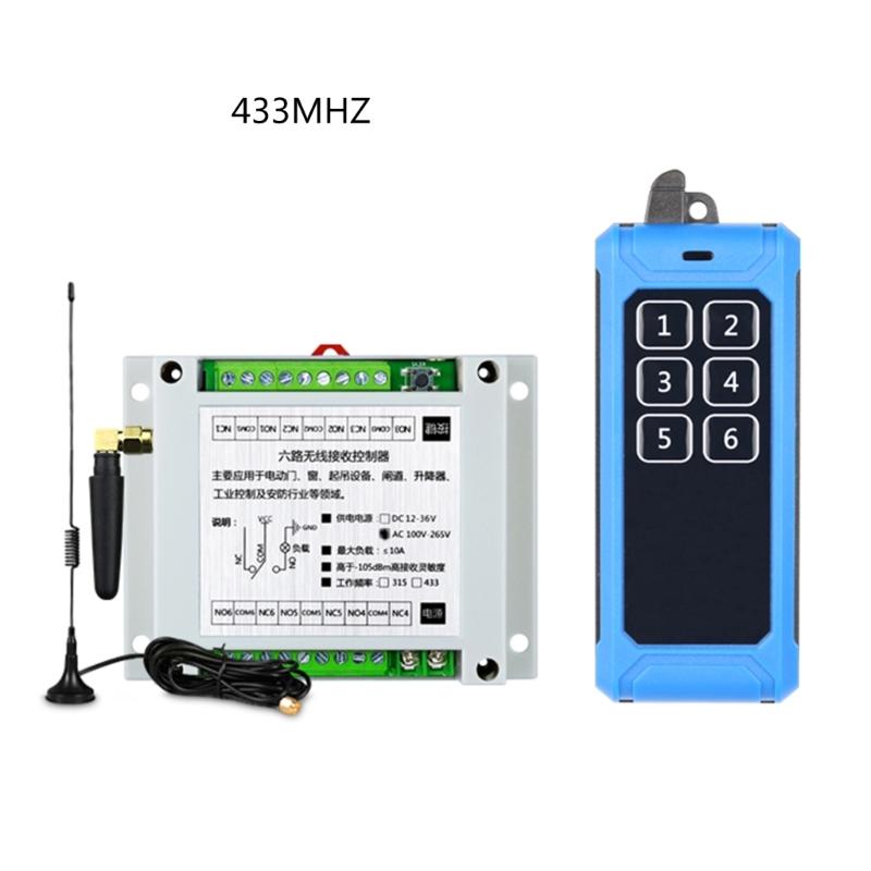 315Mhz/RF433Mhz Wireless Remote Control Switch DC 12V-24V Relay 6CH Receiver Controller and 6Button Transmitter