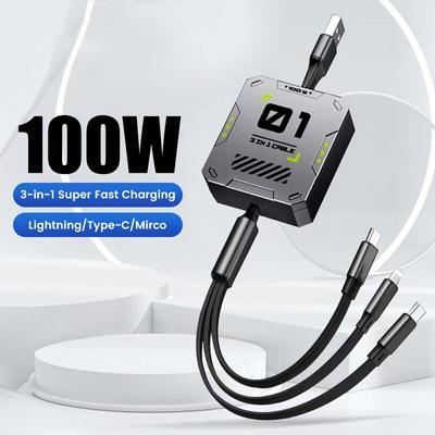 Câble de données rétractable 3 en 1 pour téléphone, USB Type C, charge rapide 100 W, compatible avec iPhone, Huawei, Xiaomi et Android Micro.
