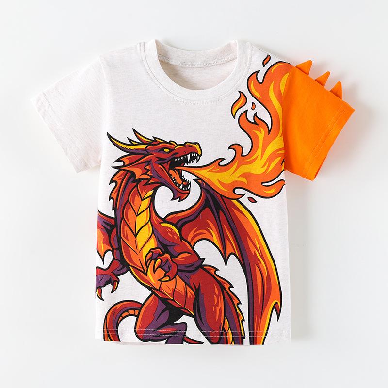 New summer collection: boys’ short-sleeved T-shirt with a stylish dinosaur print, children’s round-neck top 90cm(2-3Y)