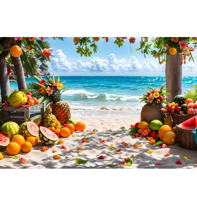 Summer Seaside Party Backdrops For Photography Tent Fruits Beach Palm Trees Holiday Camping Party Background Decor Photo Studio