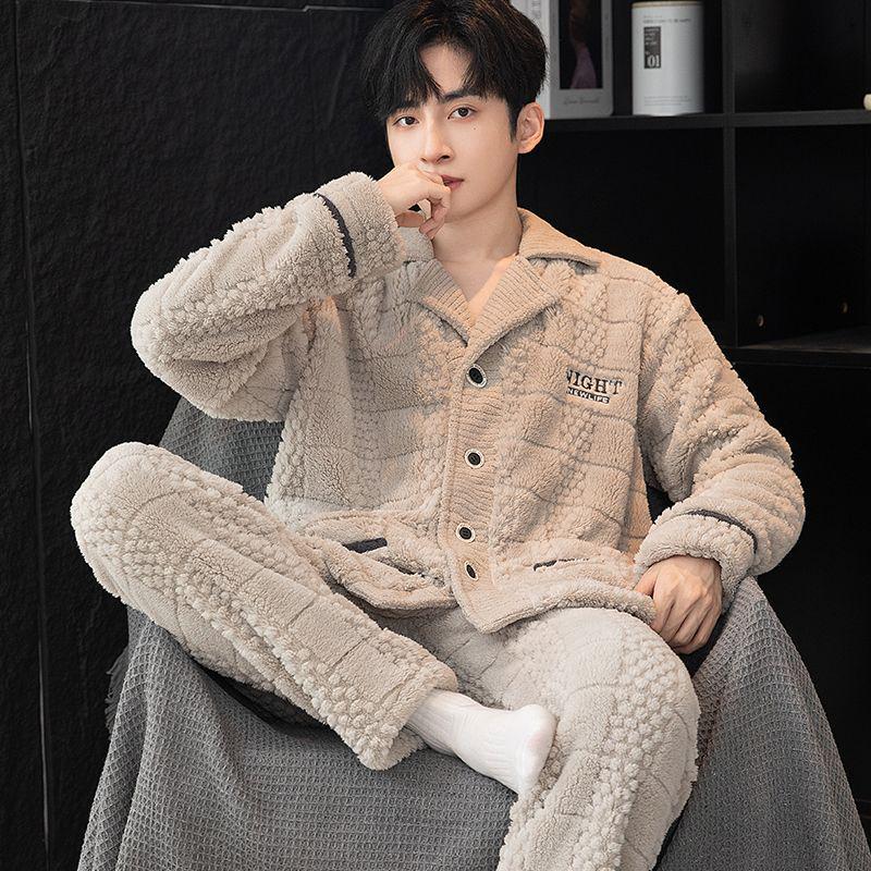 Men's Plus Size Flannel Fleece Home Wear Set - Thickened for Autumn and Winter