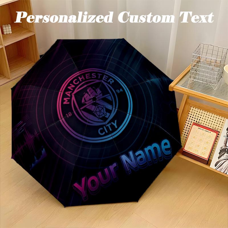 8 Rib Auto Folding Umbrella Manchester City Print Custom Name Text Portable Rain Gear
