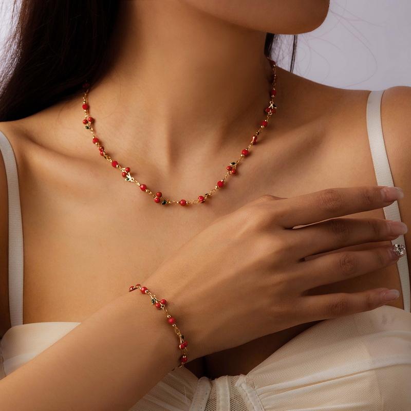 Trendy Red Cherry Pendant Bracelet Set for Women Exquisite Zircon Heart Bracelet Anklet Necklace Wedding Jewelry Party Gift